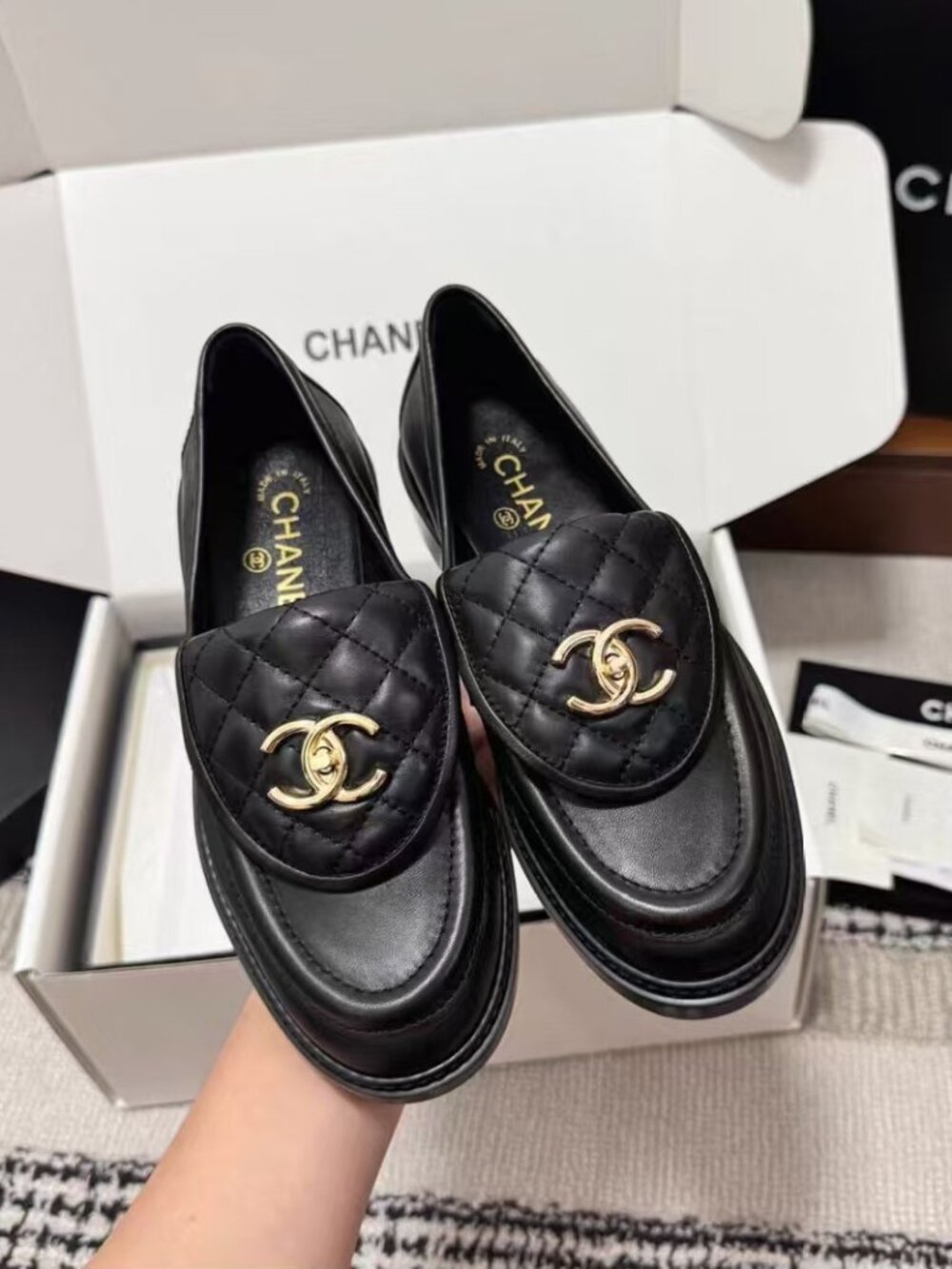 Chanel Black Quilted CC Loafers